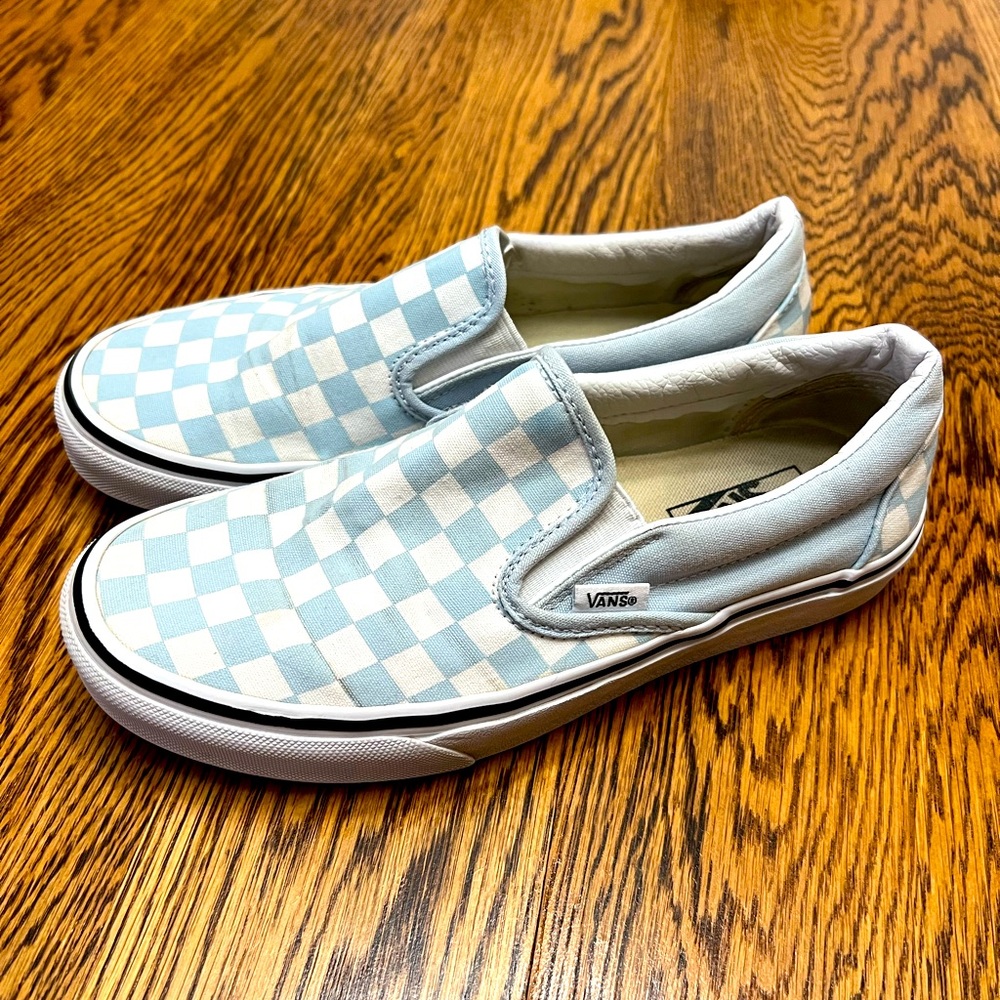 Vans blue and white check slide on sneakers 8 woman’s or 6.5 men’s unisex canvas